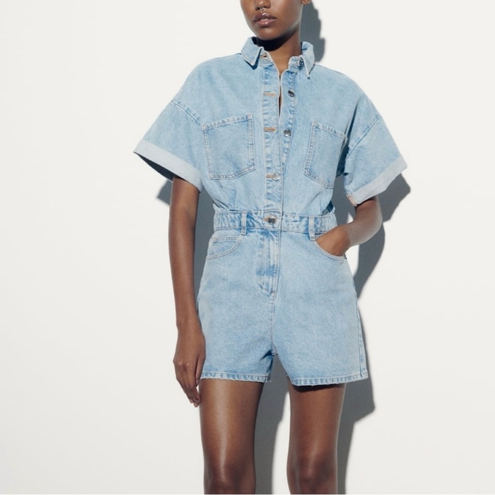 Zara Short Sleeve Denim Jumpsuit Size Medium